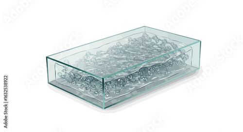 Transparent glass box filled with water molecules on white background