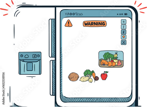 Smart refrigerator display alerting low stock of fresh groceries with digital interface icons