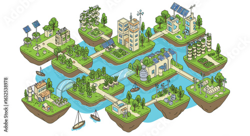 Sustainable isometric eco city design with renewable energy sources and green technology