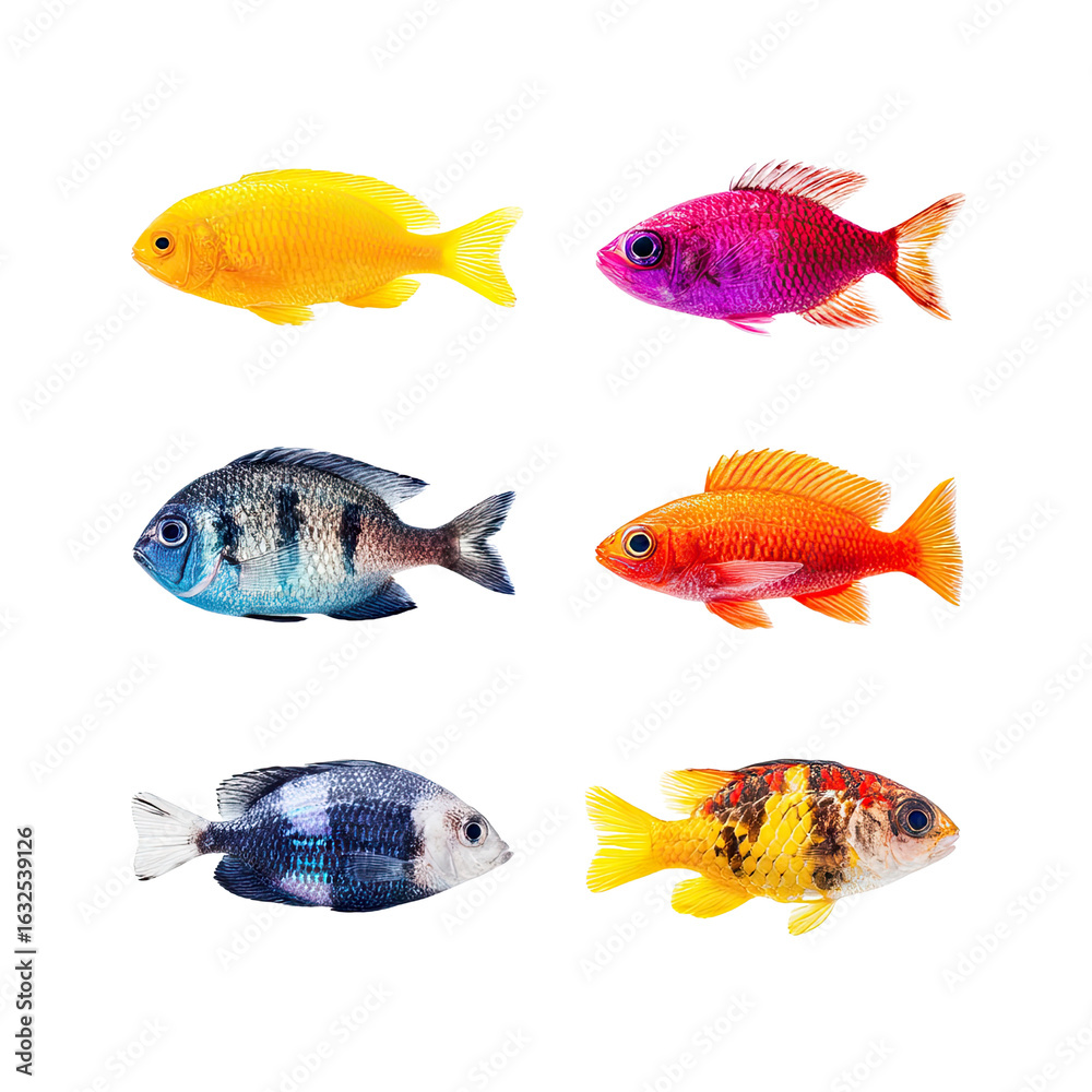 Fototapeta premium Vibrant Collection of Colorful Tropical Fish in Various Patterns and Shades for Nature and Aquatic Enthusiasts
