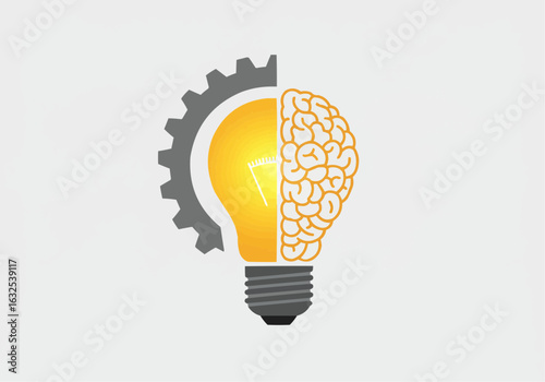 Illustration of a lightbulb with one half a gear and the other half a brain on a white background