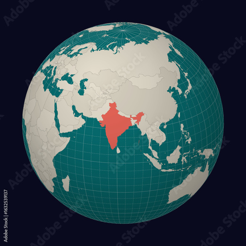 India on the map. Globe centered to India. Country location on the world map. Teal Pale Mint color palette. Globe with countries, meridians and parallels. Awesome vector illustration.