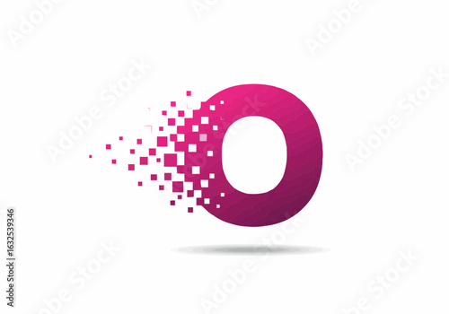 Letter o with pixelated disintegration effect in shades of pink and purple on a white background design