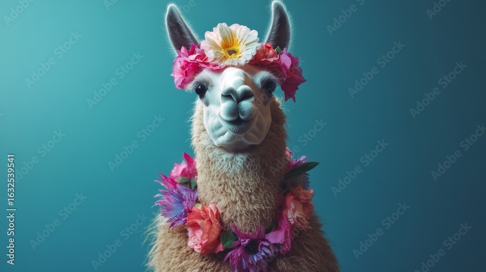 Naklejka premium Llama with floral necklace, friendly expression, cruelty-free concept generative ai
