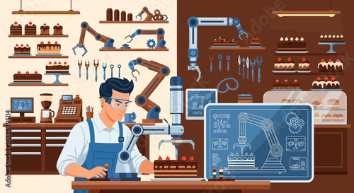 Automated Cake Production Process In Bakery Using Robot And Man Power
