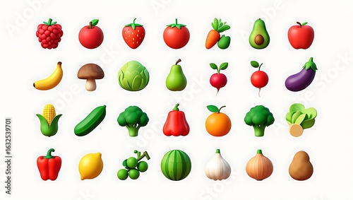 A vibrant collection of 3D rendered fruits and vegetables in a cheerful and playful arrangement showcasing natures bounty and healthy eating options