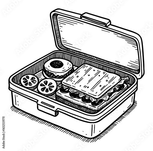Open Lunchbox with Sandwich Fruit and Dessert Food Black and White Outline Line Art Drawing
