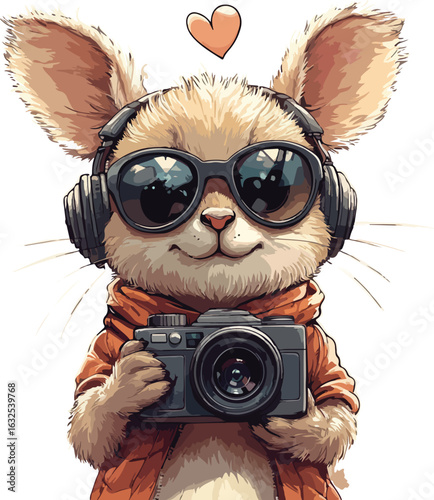 A funny cartoon photographer with glasses and a camera is a cute animal character with a big smile