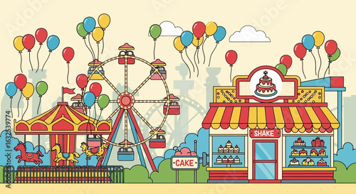 Joyful Day At The Amusement Park With Sweets And Attractions