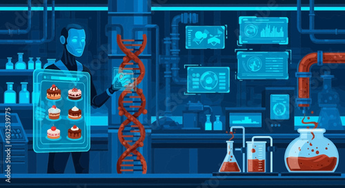 Robot Synthesizing Genetic Dessert Recipes In Futuristic Laboratory Scene