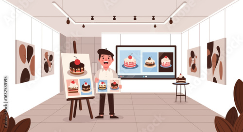 Cake Art Exhibition Featuring Pastry Paintings Displayed by Smiling Artist