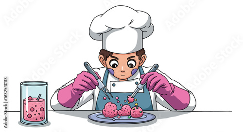 Skilled pastry chef perfecting molecular cuisine with precision tools and creative plating techniques