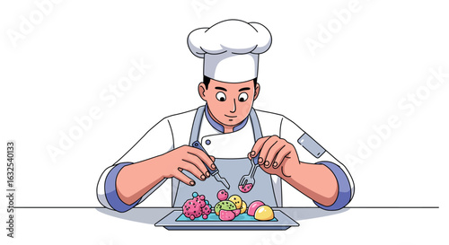 Chef focused on culinary art plating creative gourmet dessert