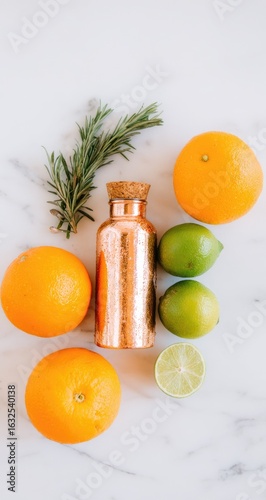 Copper water bottle, oranges, limes, and rosemary on marble