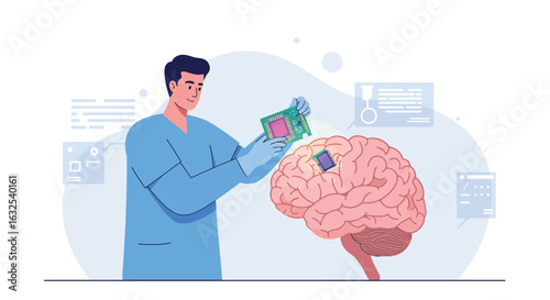 Futuristic concept of digital brain enhancement with microchips in flat style