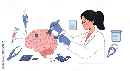 Futuristic brain technology concept with scientist integrating microchips