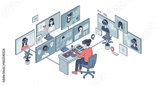 Virtual reality online conference in modern isometric office setting