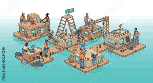 Workers maintain and operate a floating solar-powered offshore facility using modern technology