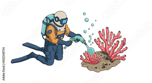 Diver nurturing coral reef with watering can in unique cartoon style