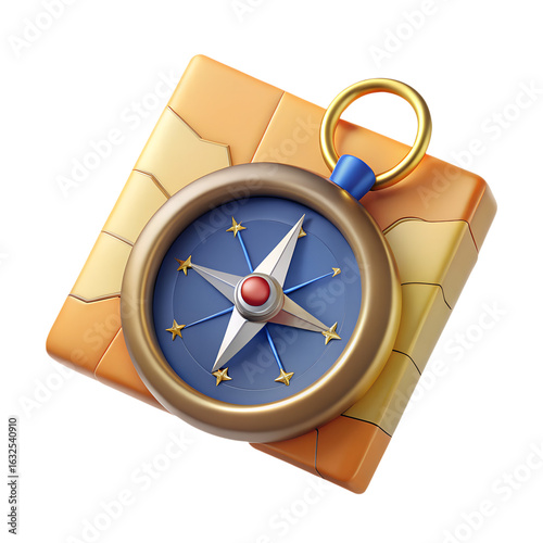 3d icon of a compass and map for navigation isolated on transparent background