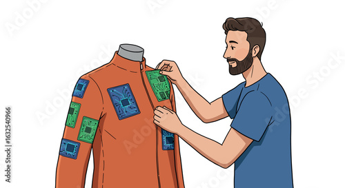 Man attaching circuit patches to high-tech jacket