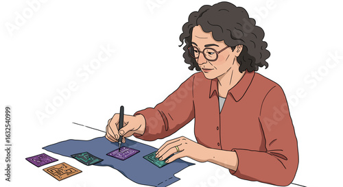 Woman designing interactive circuits on fabric with electronic modules