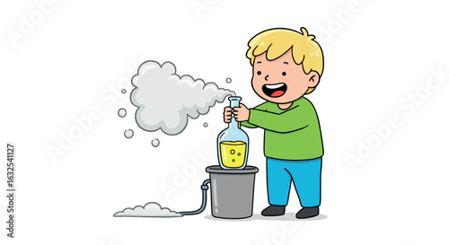 Child scientist conducting fun science experiment with flask and bubbles