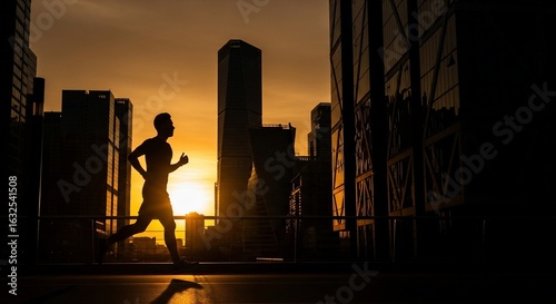 Silhouette of Runner in City at Sunset, Urban Fitness.