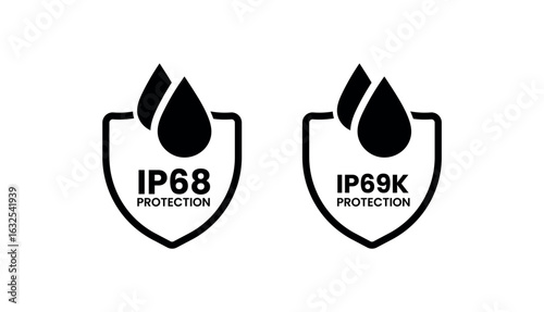 Flat IP68 and IP69K Waterproof Protection Icons – Vector Set