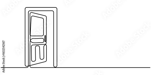 continuous one line drawing of opened door, Door outline drawing illustration, Single line art draw of open door. 