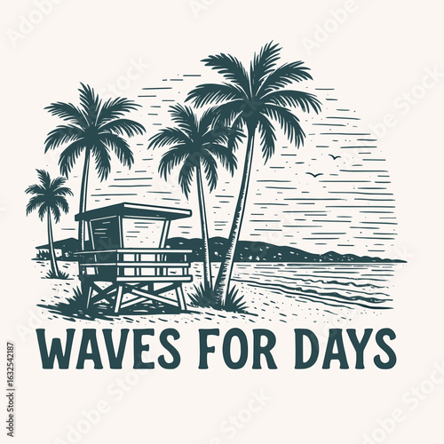Waves for days beach surf lifeguard retro art