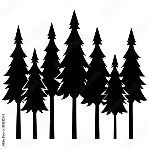 Evergreen Forest Silhouette: A stylized silhouette of a collection of evergreen trees. This art piece can be used to describe landscape, nature, and serenity.