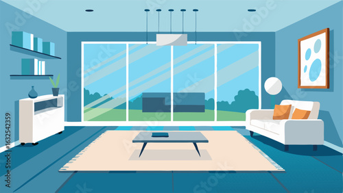 A modern living room with floortoceiling windows a plush white area rug and a sleek entertainment center.