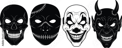 Four scary masks including skulls clown and devil silhouette