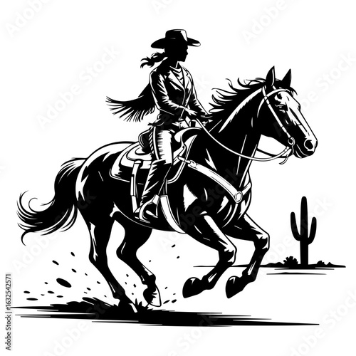 Vector illustration of Cowgirl riding horse in action isolated