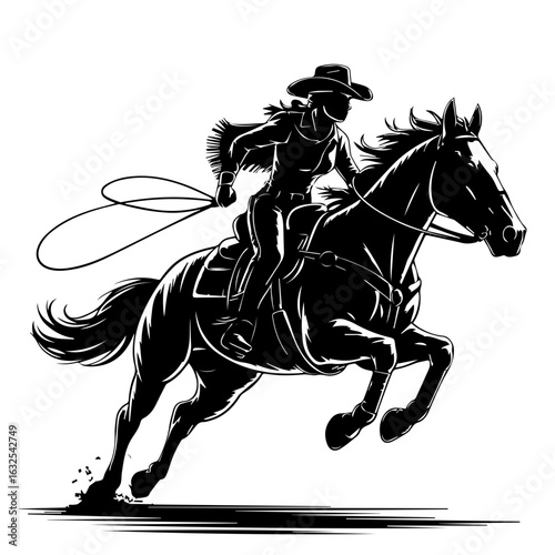 Vector illustration of Cowgirl riding horse in action isolated