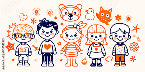 Illustration of children kids drawing cartoon design vector art cute happy fun playful education learning group art vector illustration
