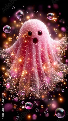A sparkling pink ghost flies and scares surrounded by bubbles and sparkling lights