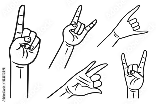Black and white vector illustration of 25 hand gestures—various finger signs and hand positions for communication, design elements, or educational use.