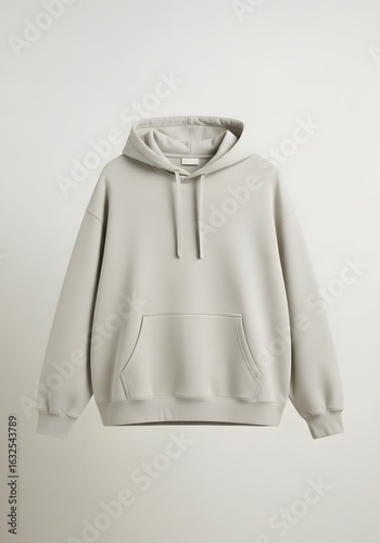 A neutral-toned, oversized hoodie displayed against a plain, light-colored background, showcasing its design.