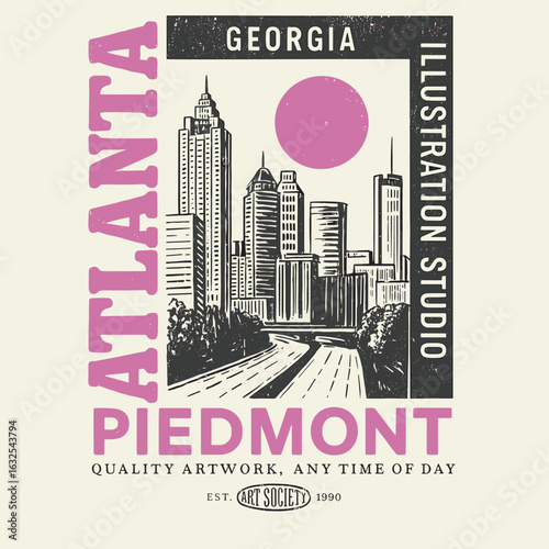 Atlanta piedmont georgia skyline vintage drawing