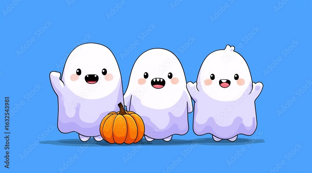 Fototapeta premium Three cute ghost characters celebrating Halloween with a pumpkin.