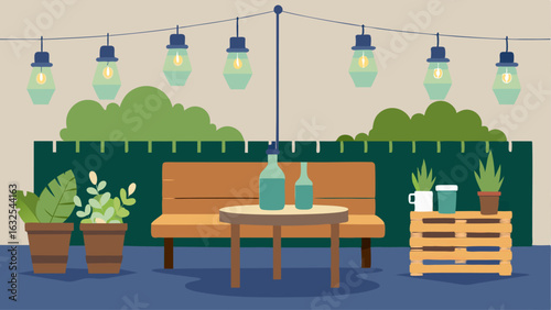 An outdoor patio with a repurposed pallet coffee table solarpowered string lights and a vertical garden wall made from recycled soda bottles.