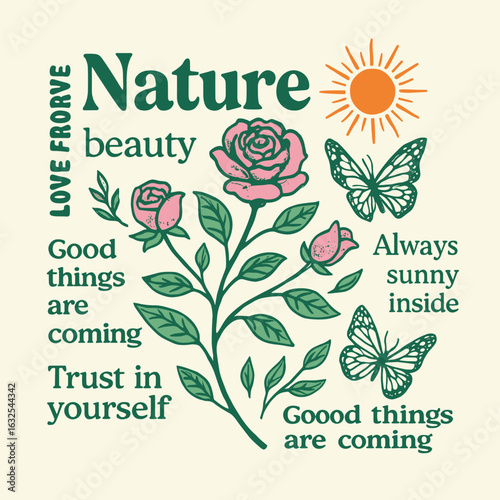 Nature beauty quote floral line drawing design