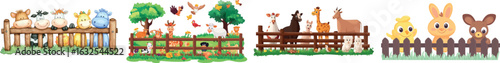 This set contains a collection of watercolor illustrations of cute farm animals and a fence
