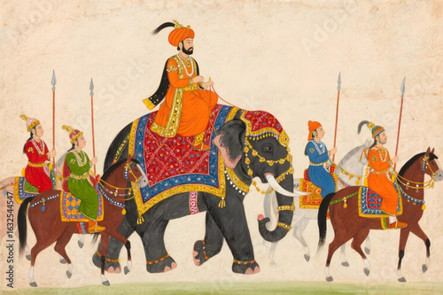 Mughal Wedding Procession with Traditional Elephant and Horse – Living Room Wall Mural Vector Design Illustration