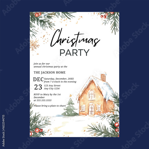 Watercolor Gigerbread House Christmas Party Invitation