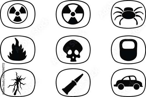Danger warning hazard symbols and common objects set of