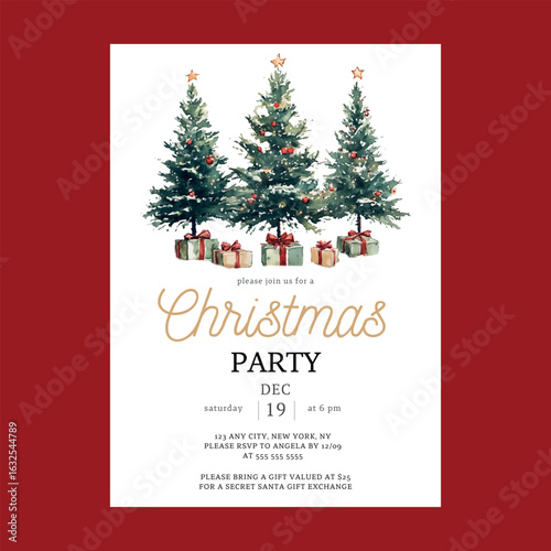 Watercolor Elegance Christmas Tree Christmas Invitation
