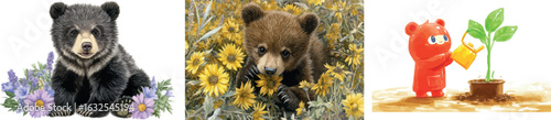 A watercolor illustration shows a cute baby bear sitting on grass surrounded by a variety of butterflies and flowers